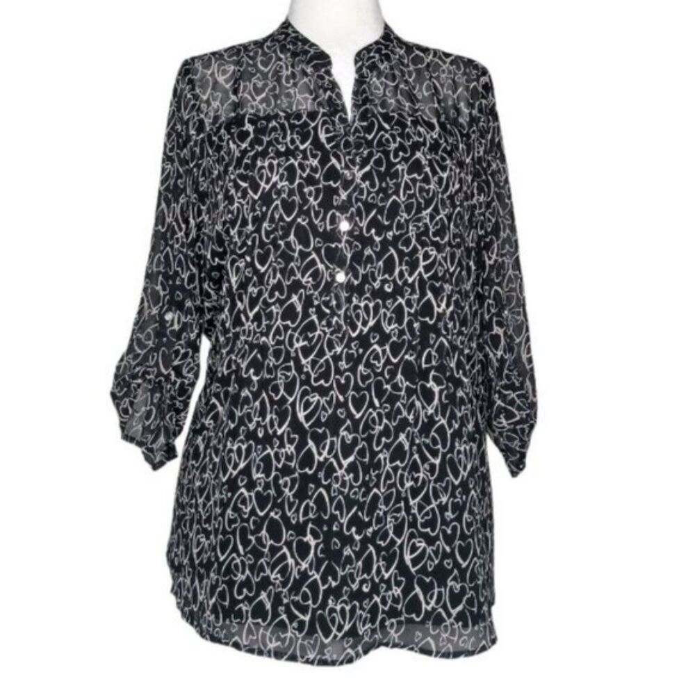 NWT Cocomo Plus Size 3X Black Multi Hearts Print Pintuck 3/4 Sleeve Blouse Top